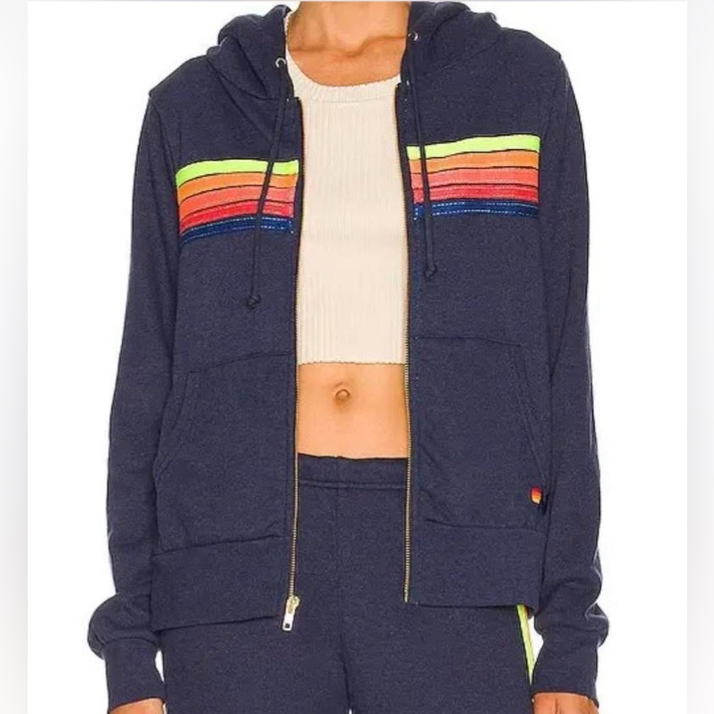 Aviator Nation 5 Stripe Zip Hoodie Sweatshirt - Picture 1 of 3